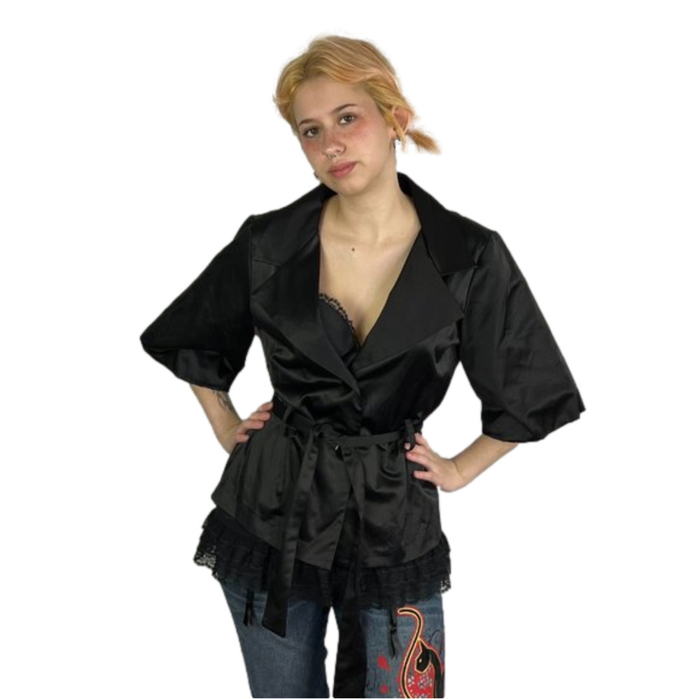Vintage Abria black satin belted blazer